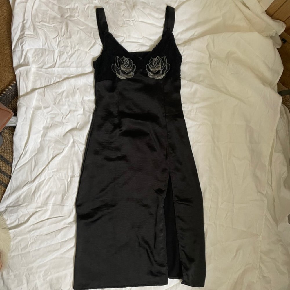 Black Maxi Dress with Embroidered Rose Detailing